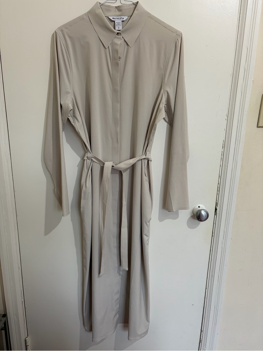 Athleta Beige Long-Sleeve Midi Shirtdress with Tie Belt